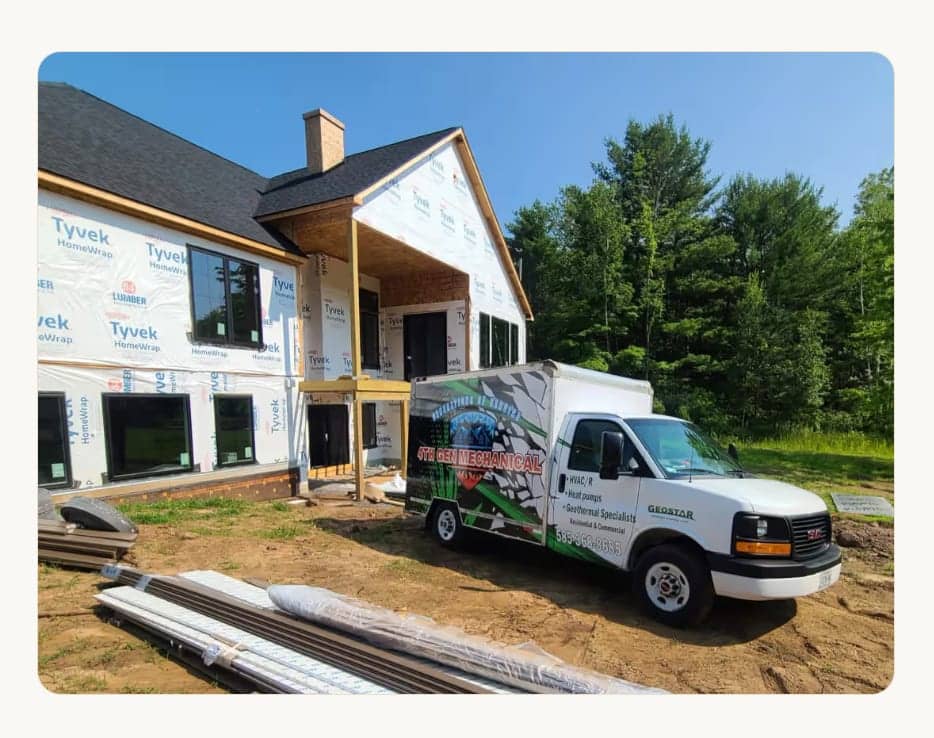 4th Gen Mechanical branded work van parked at a Monroe County new-build job site