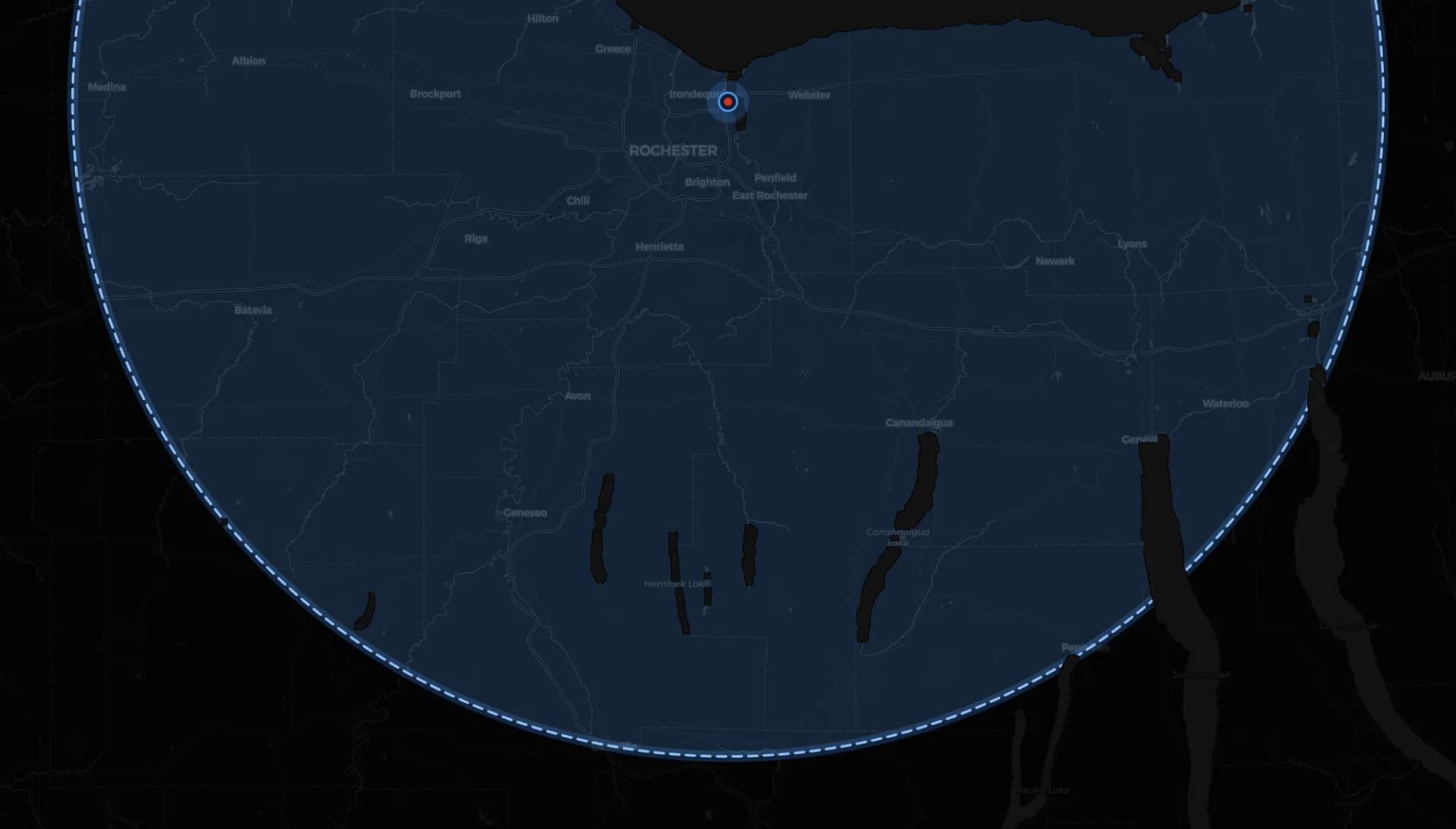 Map centered on 4th Gen Mechanical's Rochester, NY headquarters showing an approximate one-hour, 45-mile drive radius that reaches Brockport, Batavia, Geneseo, Dansville, Canandaigua, Geneva, Newark, and Sodus across Monroe and Ontario counties.